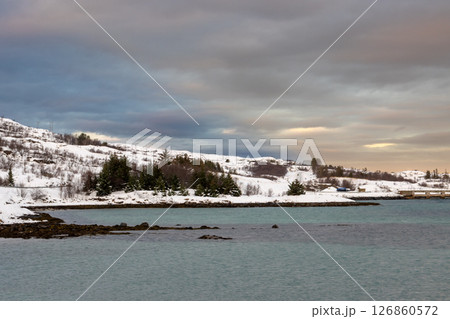 Winter beach, landscape with snow, Norway 126860572