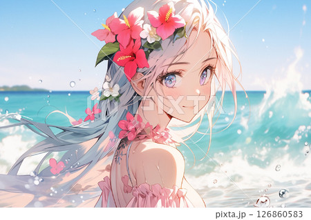 海辺にいる白髪の美少女 126860583