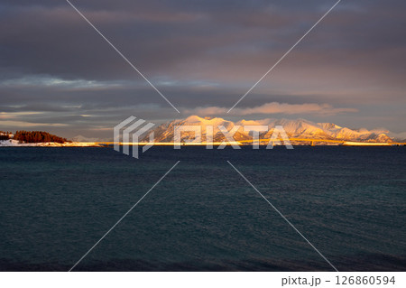 Norwegian sea and moutains in the sunrise, Norway 126860594