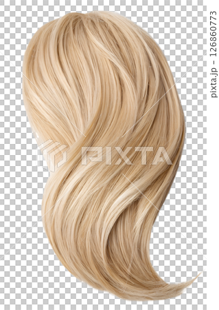 Blonde hair waves isolated on transparent background, flowing golden locks, soft wavy texture, beauty and haircare concept 126860773