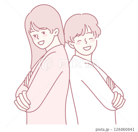 Two Friends Enjoying a Fun and Lighthearted Moment Standing Back to Back in a Playful Pose 126860841