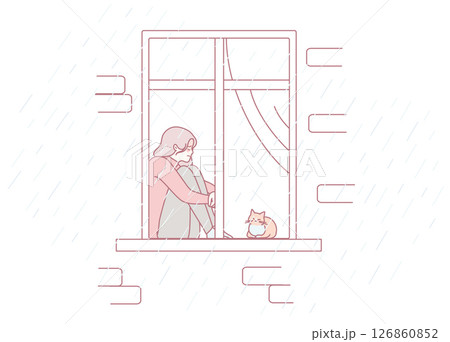 A serene depiction of a woman and her beloved cat gazing out a window while it rains softly 126860852