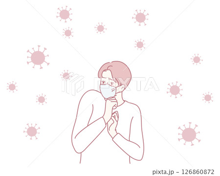 Individual Donning a Protective Mask Surrounded by Illustrations of Viruses and Pathogens Individual Donning a Protective Mask Surrounded by Illustrations of Viruses and Pathogens 126860872