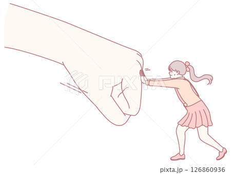 A young girl fights bravely against a massive hand, depicted in a captivating illustrative style 126860936