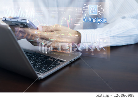 An analyst uses a computer and dashboard for data business analysis and Data Management System, Customers database, gather information to report. Data science technology and digital marketing 126860989