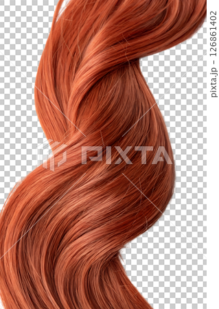 Isolated strand of vibrant red hair on transparent background, natural curl detail, realistic texture, beauty and haircare concept 126861402