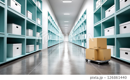 Efficient logistics import strategies are showcased in this modern warehouse with organized shelves and stacked cardboard boxes 126861440