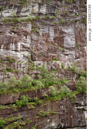 Textured red-brown fjord cliff with trees near Bergen, Norway Textured red-brown fjord cliff with trees near Bergen, Norway 126861586