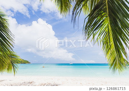 Anse Lazio, Praslin, Seychelles. A scenic view of a serene tropical beach Anse Lazio, Praslin, Seychelles. A scenic view of a serene tropical beach 126861715