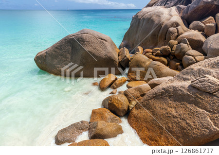 Anse Lazio beach, Praslin island, Seychelles. A serene tropical scene Anse Lazio beach, Praslin island, Seychelles. A serene tropical scene 126861717