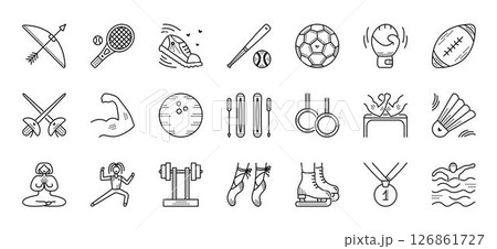 Types of sports, black line sign set. 21 vector icons made in 300x300 px size 126861727