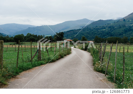 Winding country road meanders through the green Saja Valley, Cantabria, under a cloudy sky. Winding country road meanders through the green Saja Valley, Cantabria, under a cloudy sky. 126861773
