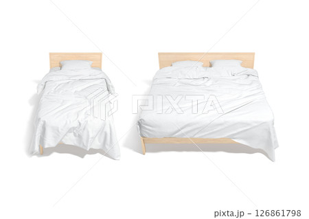 Blank single and double bed with white bedding mockup, isolated 126861798