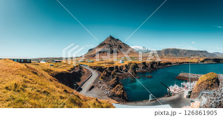 Arnastapi fishing village with volcanic stapafell mountain during summer in Snaefellsnes, Iceland 126861905