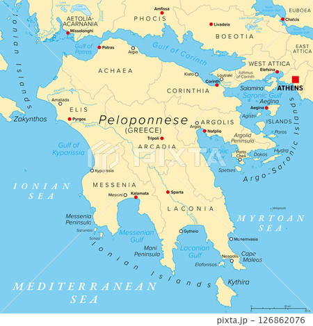 Peloponnese, a peninsula and geographic region in Southern Greece. Political map with regional units and their seats. Southernmost region of the Balkans, also known as Peloponnesus or Morea. Vector 126862076