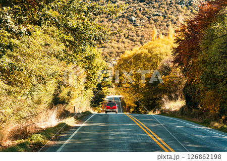 Scenic rural road trip with mountain and yellow tree during autumn at New Zealand Scenic rural road trip with mountain and yellow tree during autumn at New Zealand 126862198