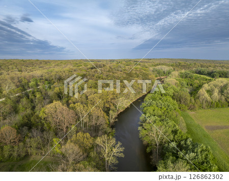 Bourbeuse River near Rosebud, Missouri in springtime scenery, aerial view Bourbeuse River near Rosebud, Missouri in springtime scenery, aerial view 126862302