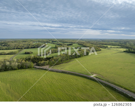 Missouri countryside along the Bourbeuse River new Rosebud, springtime aerial view 126862303