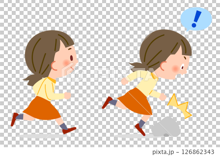 A female elementary school student runs and trips over a stone 126862343