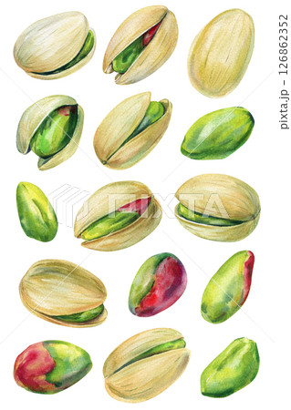 Watercolor pistachio nuts set, hand painted green pistachios with shells kernels, healthy snack clipart isolated white background 126862352