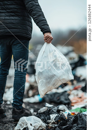 man hand hold trash bag to go to throw in the bin.save ecology concept. Close up 126862444