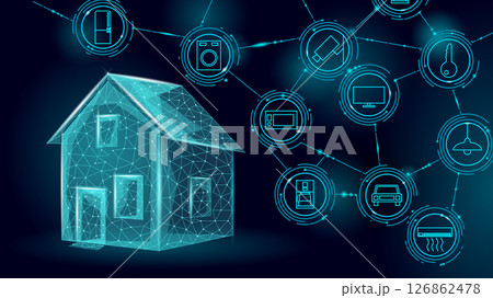 Smart home automation technology concept. Connected devices system futuristic digital design. IoT security convenience energy efficiency. Dark teal background glowing line vector 126862478