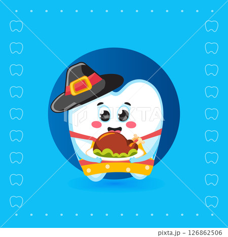 Cute Tooth Character Holding Thanksgiving Turkey 126862506