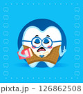 Smart Tooth Character with Glasses and Books on Blue Background 126862508