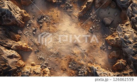 Fantasy top-down map, rocky pit in desert, abandoned with surrounding rocky terrain design. 126862559
