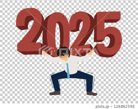 A young man supporting the crumbling red 3D letters of 2025 126862598