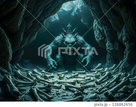 The cave of the evil cannibal troll. A big, evil troll in a dark cave littered with human bones. 126862656