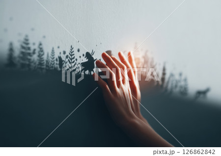 Hands Creating Magical Forest Shadow Puppets on Wall 126862842