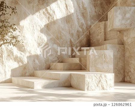 Stone textured podium in beige sunlit interior 126862961