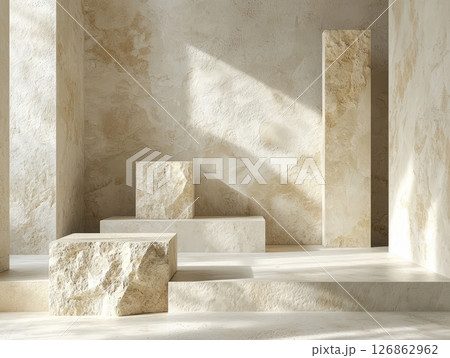 Stone textured podium in beige sunlit interior 126862962