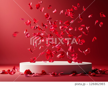 White podium with flying rose petals on red background 126862965