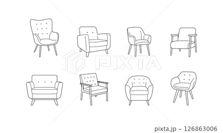 Set of Armchair Silhouettes in Modern and Retro Styles Set of Armchair Silhouettes in Modern and Retro Styles 126863006