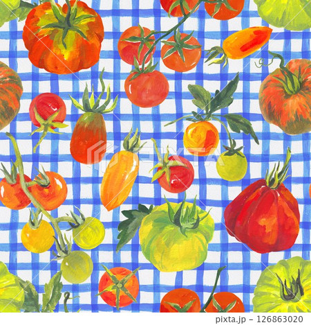 Trendy seamless summer pattern featuring colorful tomatoes on a checkered background, painted in vibrant acrylic style. This playful tropical-inspired design is perfect for fashion, fabric, textiles 126863020