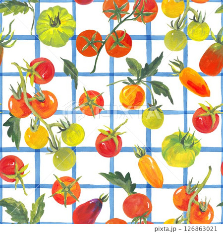 Trendy seamless summer pattern featuring colorful tomatoes on a checkered background, painted in vibrant acrylic style. This playful tropical-inspired design is perfect for fashion, fabric, textiles 126863021