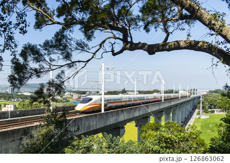 Overlooking view of the Taiwan High Speed Rail trains passing the Waipu of Taichung in Taiwan, It is the only high-speed railway in Taiwan. 126863062