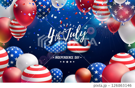 4th of July Independence Day of the USA Vector Illustration with American Flag Pattern Mustache, Party Balloon and Falling Confetti on Dark Blue Background. Fourth of July National Celebration Design 126863146