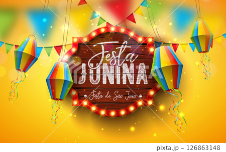 Festa Junina Banner Illustration with Party Flags, Confetti and Typography Lettering on Light Bulb Billboard on Yellow Background. Vector Brazil Sao Joao June Festival Design for Greeting Card, Banner 126863148