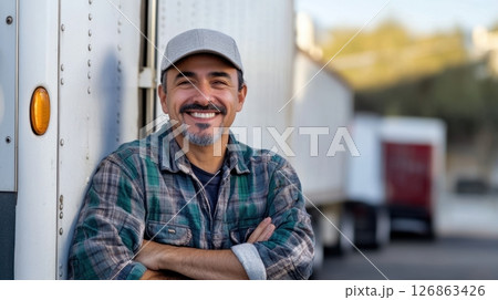 Happy truck driver in city 126863426