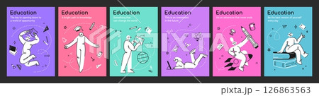 Abstract school poster. Education card. People study on university training. Book icon. Business exam. Course idea in science. College graduation. Library textbook. Vector banners set 126863563
