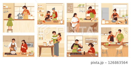 Family at kitchen. Food table, kid man and woman cook home. People child eat dinner in old house interior. Romantic couple and parents with kids together. Vector cartoon illustration 126863564