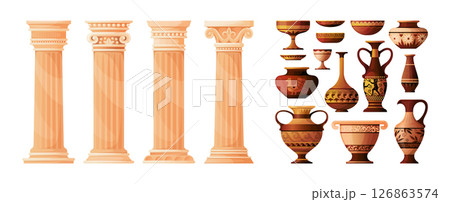 Roman column. Ancient Greek vase. Greece Athens museum amphora with vessel. Acropolis ruin colonnade. Marble pillar. Antique jar pottery. Vector cartoon architectural antiquities set 126863574