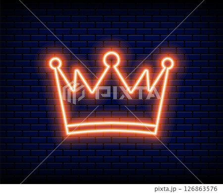 Neon crown. King and queen royal imperial symbol, light and brick wall on background. Luxury princess or prince monarch symbol. Emperor accessory. Decoration vector isolated illustration Neon crown. King and queen royal imperial symbol, light and brick wall on background. Luxury princess or prince monarch symbol. Emperor accessory. Decoration vector isolated illustration 126863576
