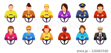 Bus drive. People at transport steering wheels. Person in car. Track front or man chauffeur. Man and woman drivers faces. Police automobile traffic. Vehicle operator characters vector set 126863580