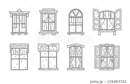 Doodle window. Black and white sketch open on building wall. Home outline shutters. Curtains inside house. Glass casements. Architecture construction windowsill. Vector line graphic set 126863581