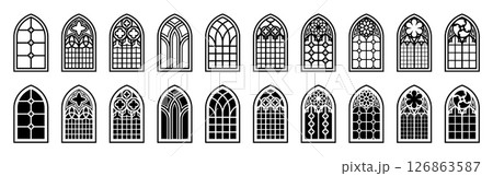Gothic arch. Church glass border, castle door frame or vintage catholic cathedral decoration. Old cross sign. Medieval mosaic, architecture interior. Vector black silhouette illustration 126863587