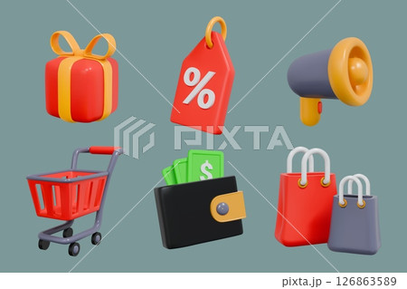3d shop elements. Online shopping. Food grocery retail. Supermarket basket and cart. Gift bag. Buy product. Business sale megaphone. Discount tag. Wallet money. Vector render icons set 3d shop elements. Online shopping. Food grocery retail. Supermarket basket and cart. Gift bag. Buy product. Business sale megaphone. Discount tag. Wallet money. Vector render icons set 126863589